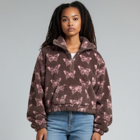 Arizona Jean Company Brown and Pink Butterfly Fleece PulloverJacket - Picture 1 of 12